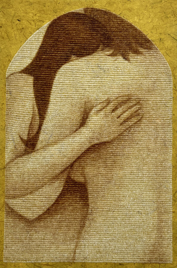 Saing, 2025, ink, jasmine rice, handmade banana leaf paper