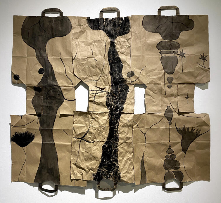 Iuwi Mo Ako (Take Me Home), January 2024, recycled paper bags and sumi ink 48” x 44”
