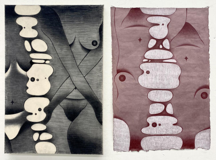 Nakakahiya, 2023 Nepalese lokta paper, raw canvas, colored pencil, conté crayon, vine charcoal 20” x 29”