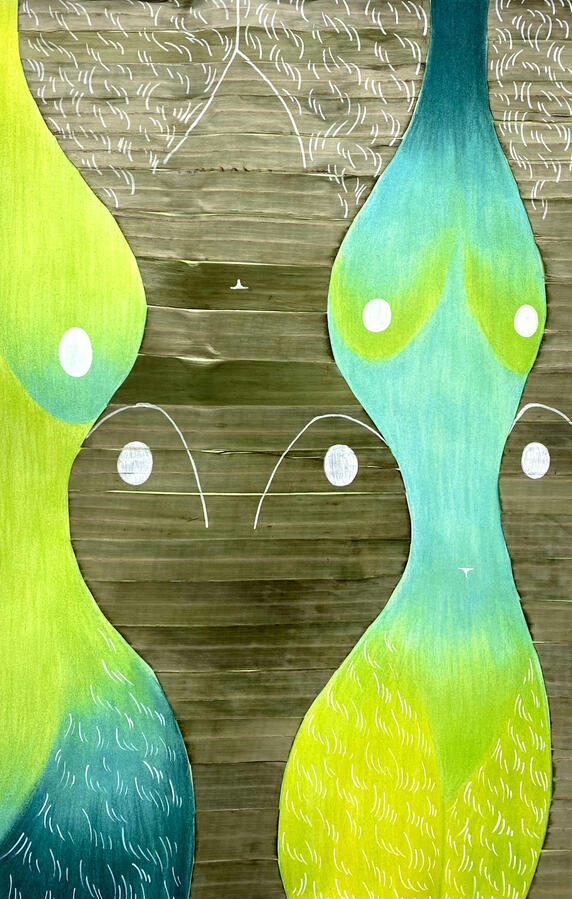 Suman, 2023, soft pastels &amp; banana leaves, 18&quot; x 24&quot;